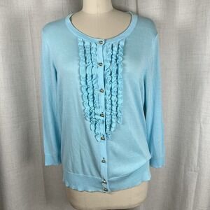 NEW! Talbots Cardigan Sweater XL Blue Ruffle Button Up Lightweight Gold Buttons